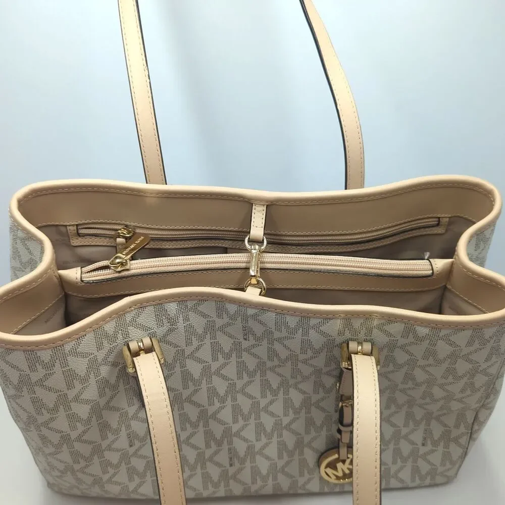 Michael Kors Jet Set Travel East West Monogram Tote Bag Purse Vanilla - Picture 7 of 16